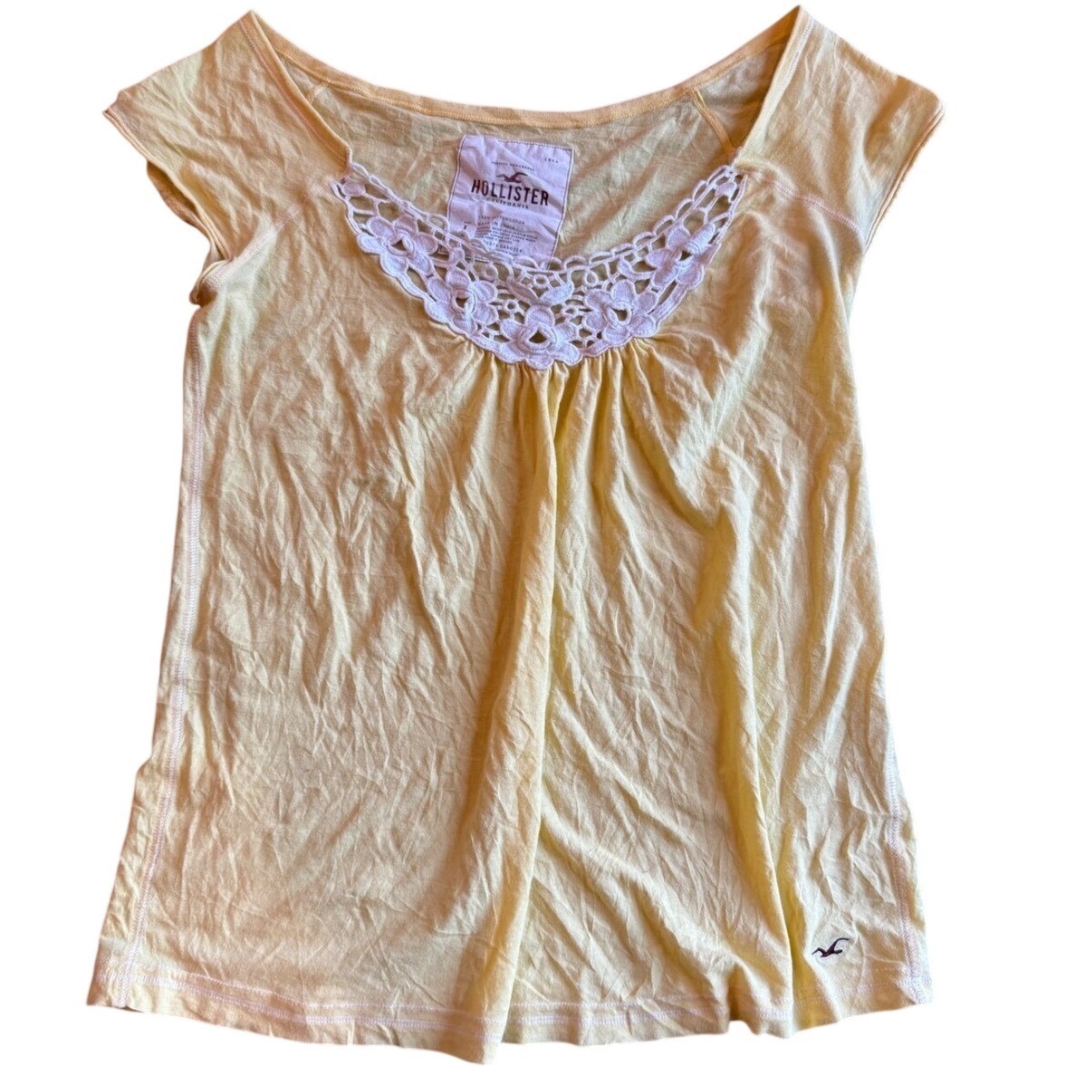 Rare Y2k Hollister Cottagecore Boho Large Yellow Crochet Lace Trim Babydoll Tee